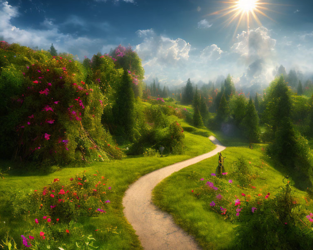 Scenic winding path through lush green landscape