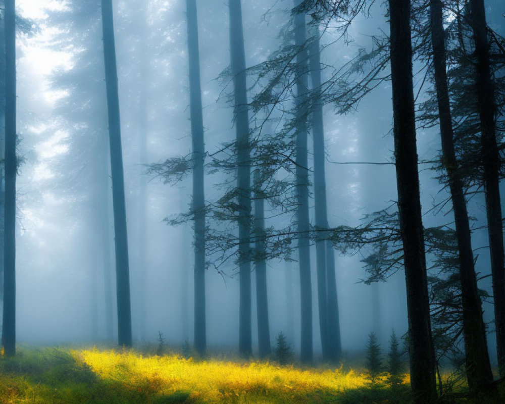 Mystical forest with tall trees and sunlit glade