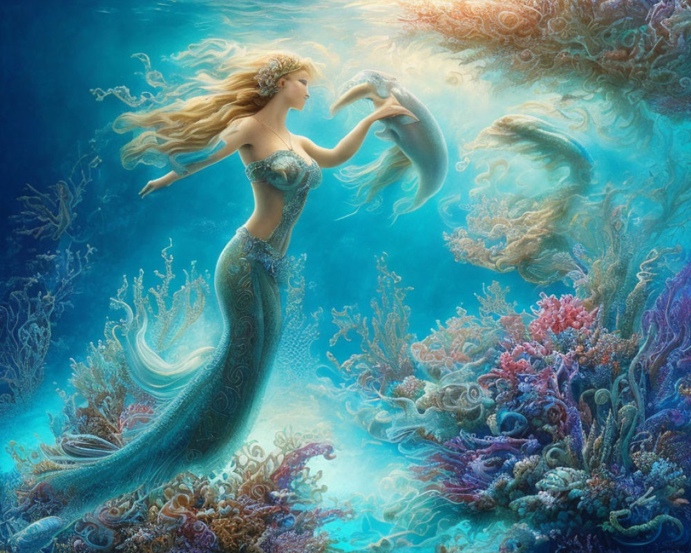 Mermaid and Dolphin in Vibrant Underwater Scene