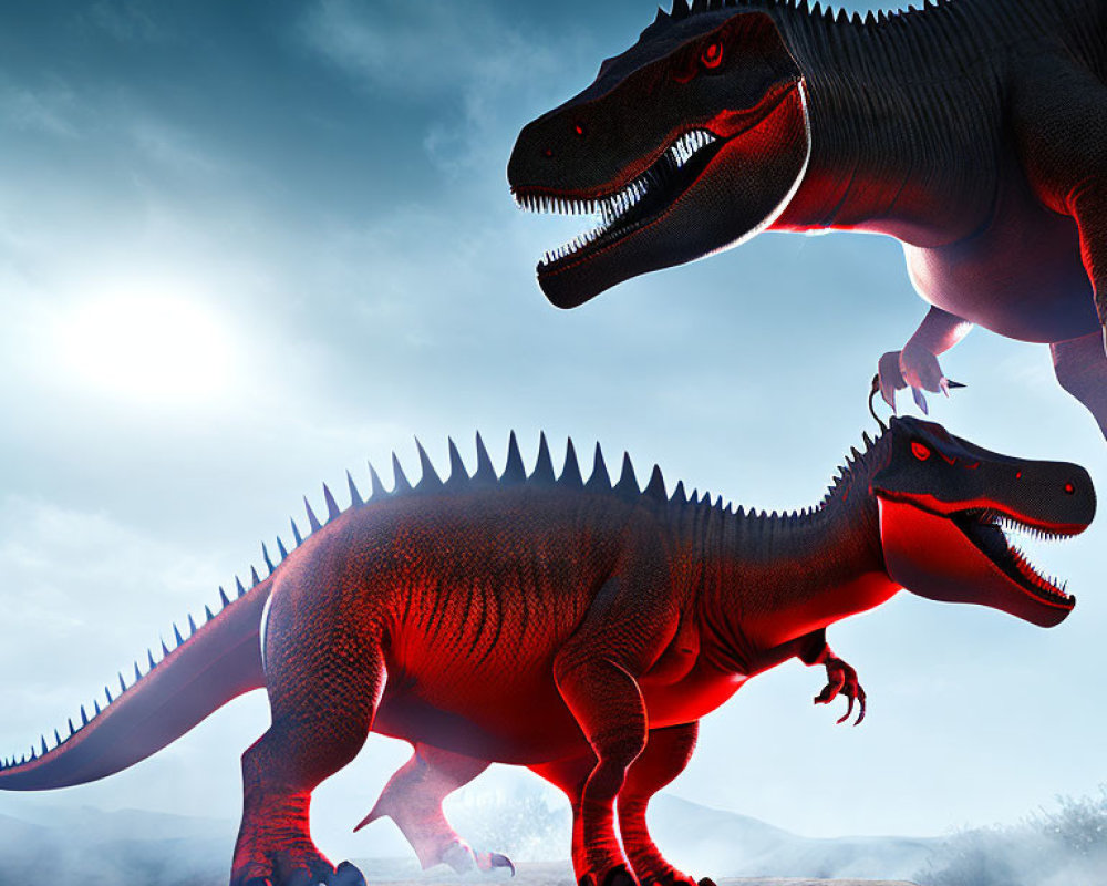 Two Red Dinosaurs with Prominent Back Spikes in Aggressive Postures