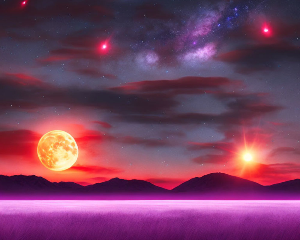 Luminous full moon and sun over purple fantasy landscape