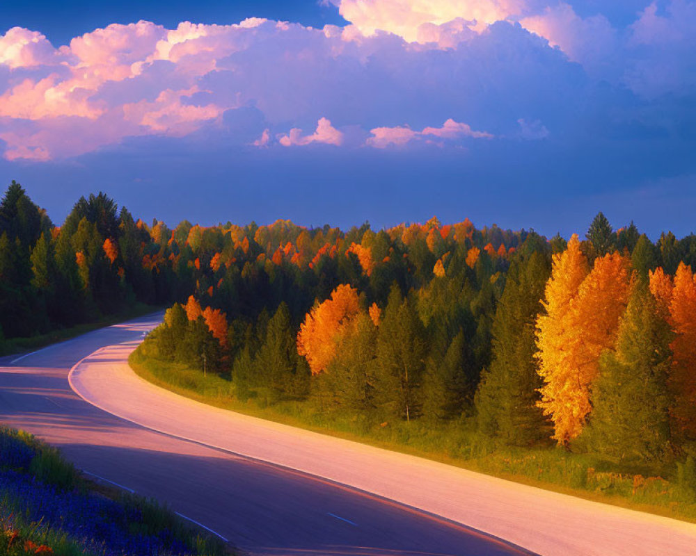 Scenic winding road through colorful forest at sunset