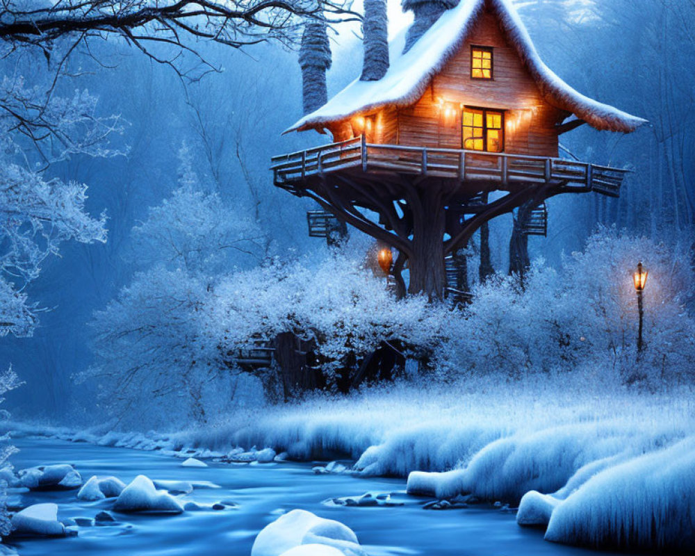 Snowy landscape with glowing treehouse and river in winter