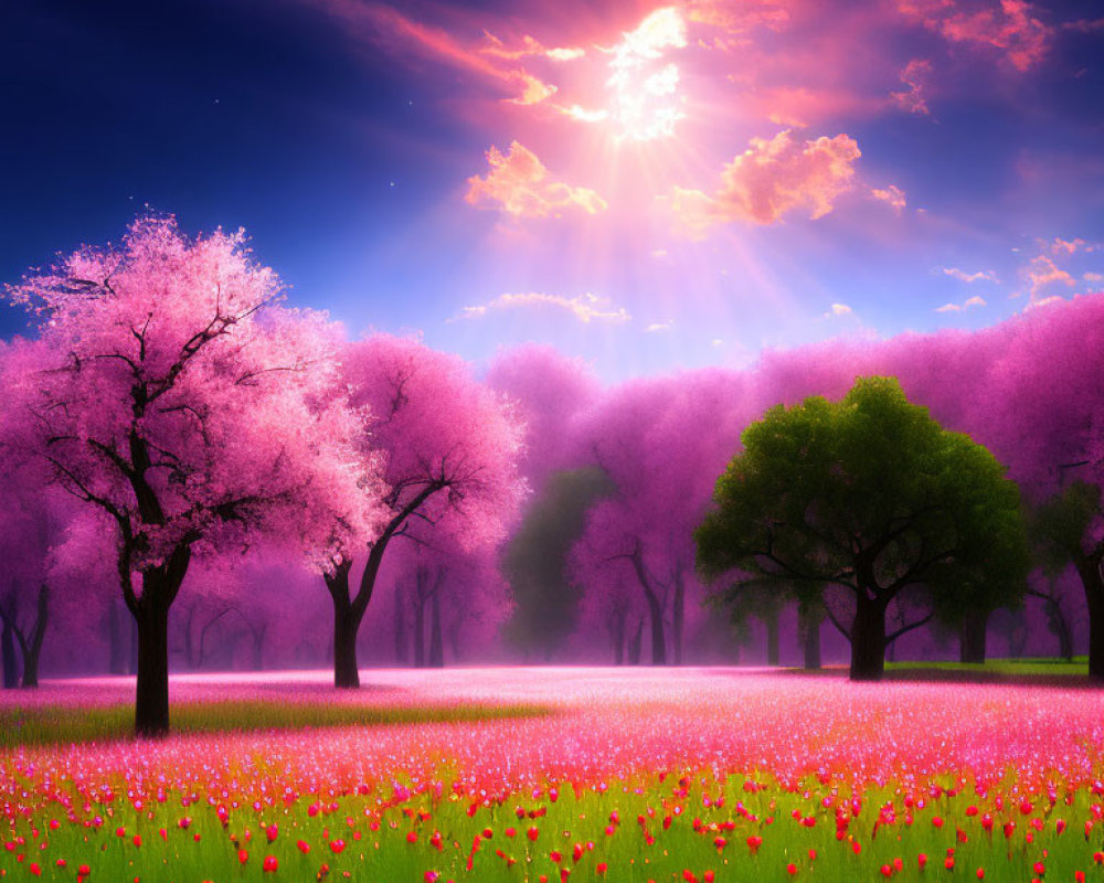 Colorful cherry blossom trees and flower field under dramatic sky.