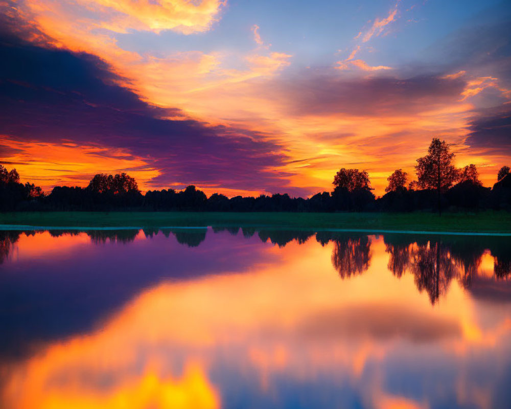 Scenic sunset with orange and blue skies reflected on calm lake