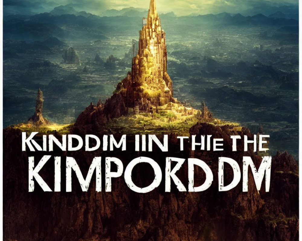 Golden castle on mountain with misty overlay text "Kinddim in Thie the Kimportdm