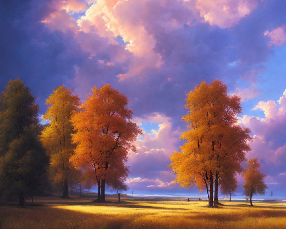 Golden-leaved Trees in Sunlight with Purple Clouds on Deep Blue Sky