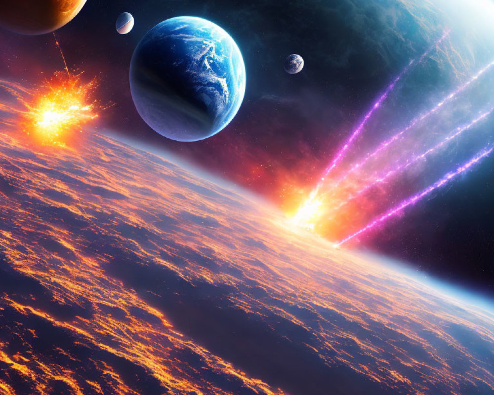 Colorful Space Scene with Earth and Celestial Bodies in Stellar Backdrop