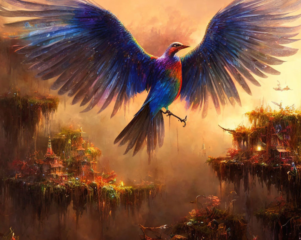 Colorful oversized bird soaring over mystical village with floating islands.