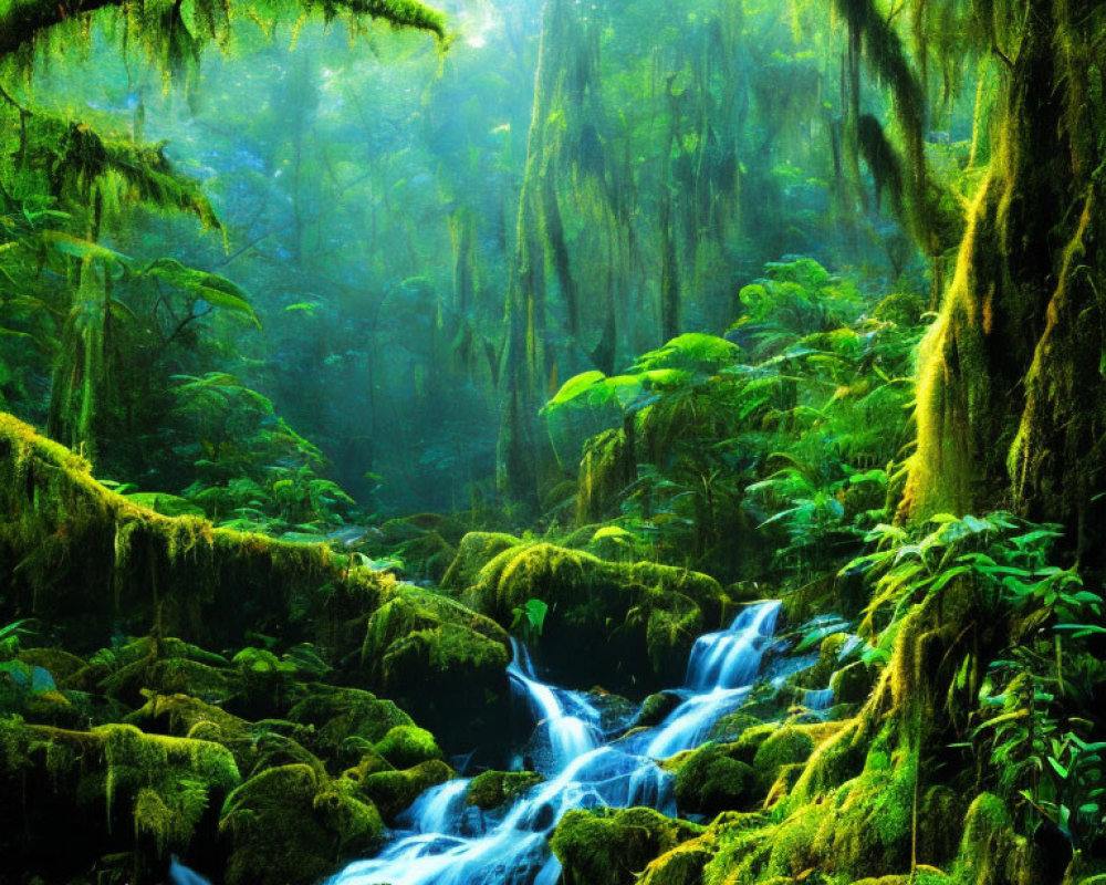 Tranquil forest scene with cascading stream and moss-covered rocks