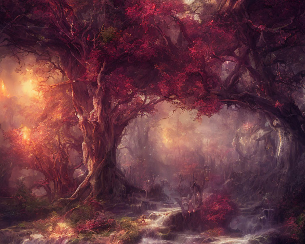 Enchanting forest landscape with red foliage, mist, ancient trees, and cascades in warm glow