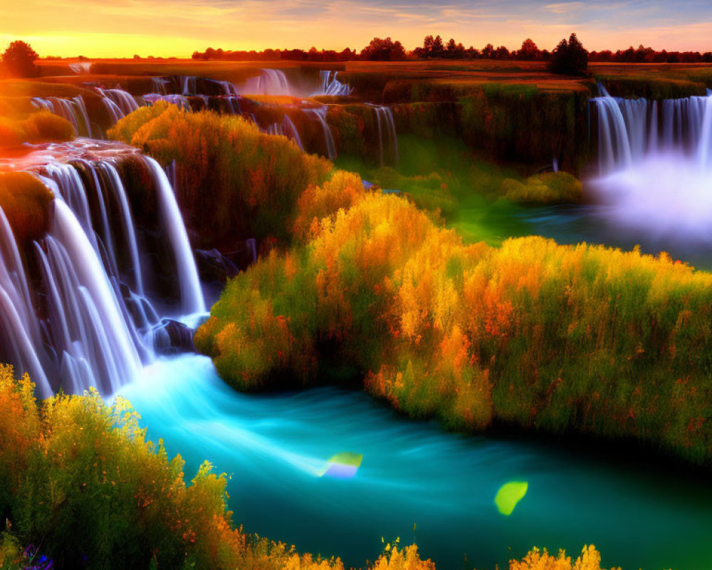 Scenic waterfall surrounded by colorful foliage under sunset sky