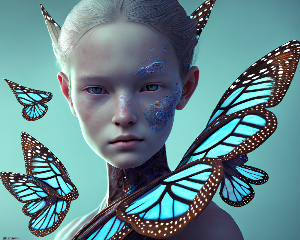 Digital art portrait: Alabaster-skinned person with blue butterfly wings and face markings