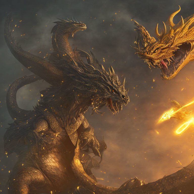 Majestic dragons with obsidian and golden scales in fiery confrontation