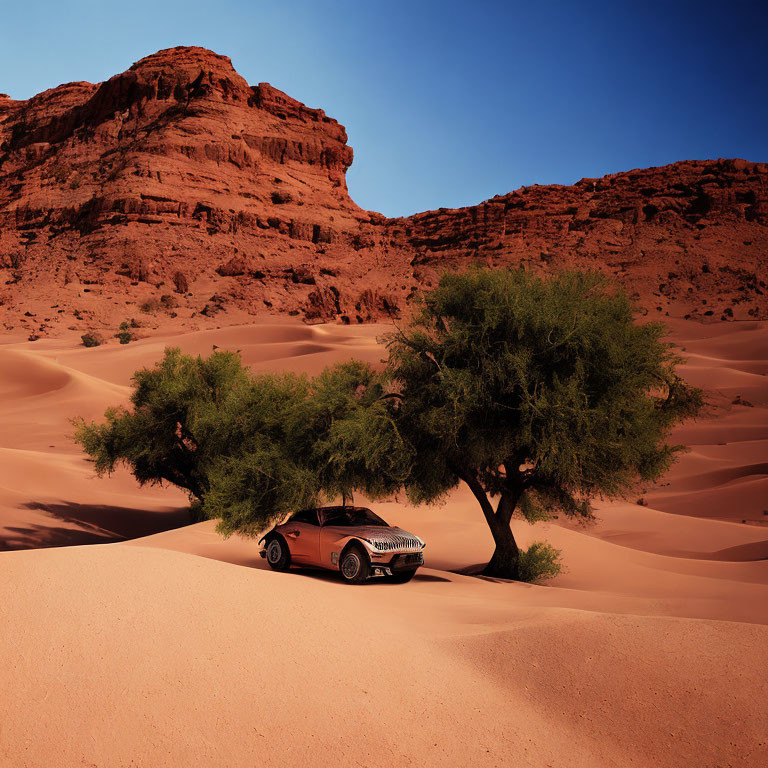 Vintage car parked by tree in sandy desert with rocky backdrop