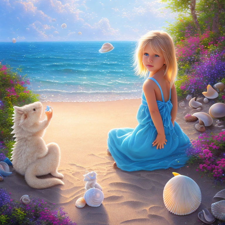 Young girl in blue dress with white puppy on beach surrounded by flowers and seashells, ocean and