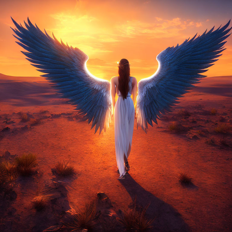 Person with Large Blue Wings in Desert Sunset Scene