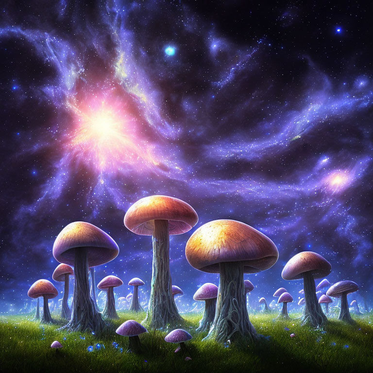 Digital artwork: Oversized mushrooms under starry sky with glowing cosmic body