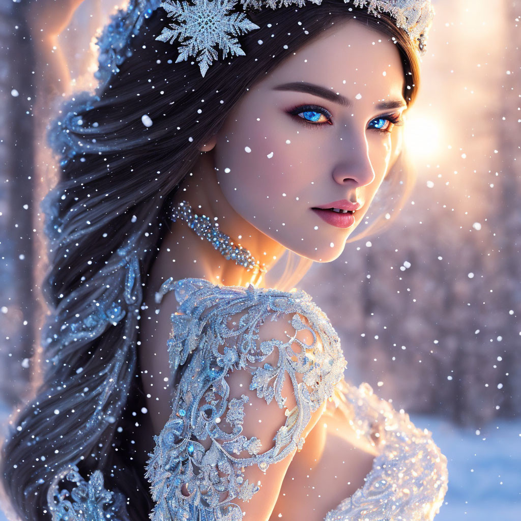 Blue-eyed woman in snowflake crown and white attire amid falling snowflakes in wintry scene