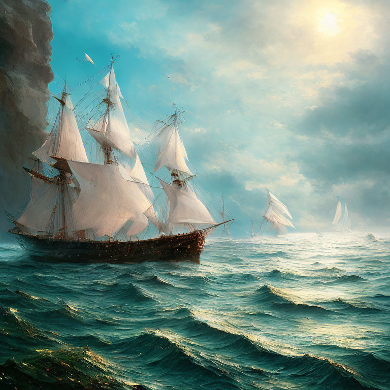 Majestic sailing ship on turbulent seas with distant ships under sunlit sky