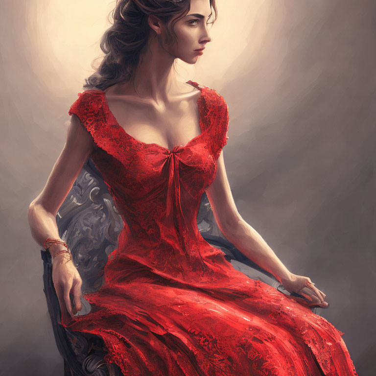 Elegant woman in red dress sitting thoughtfully in chair