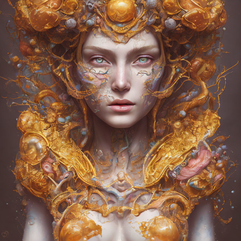 Mythical woman portrait with ornate gold headgear and intricate designs