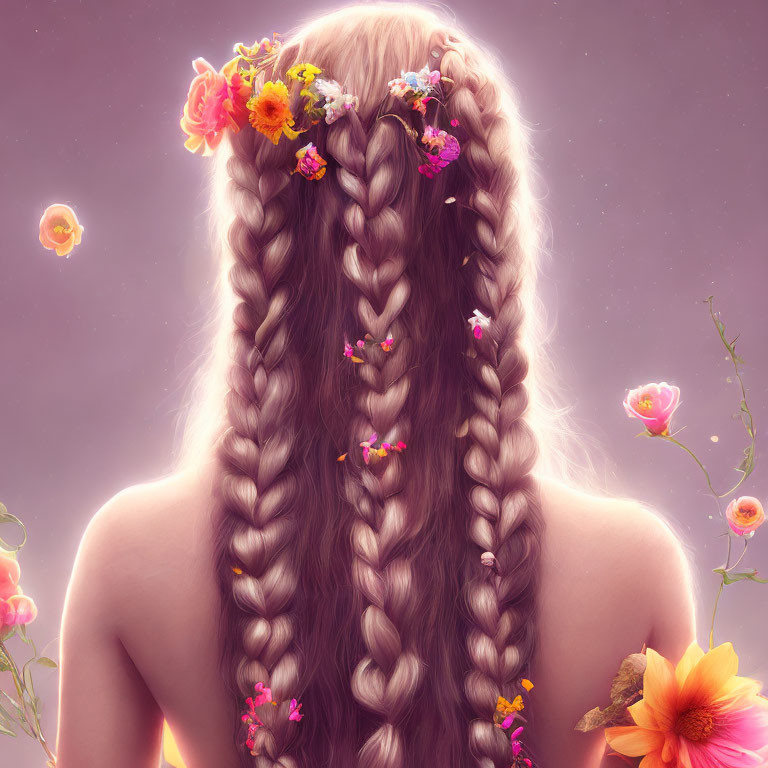 Intricately Braided Hair with Colorful Flowers in Soft-focus Setting