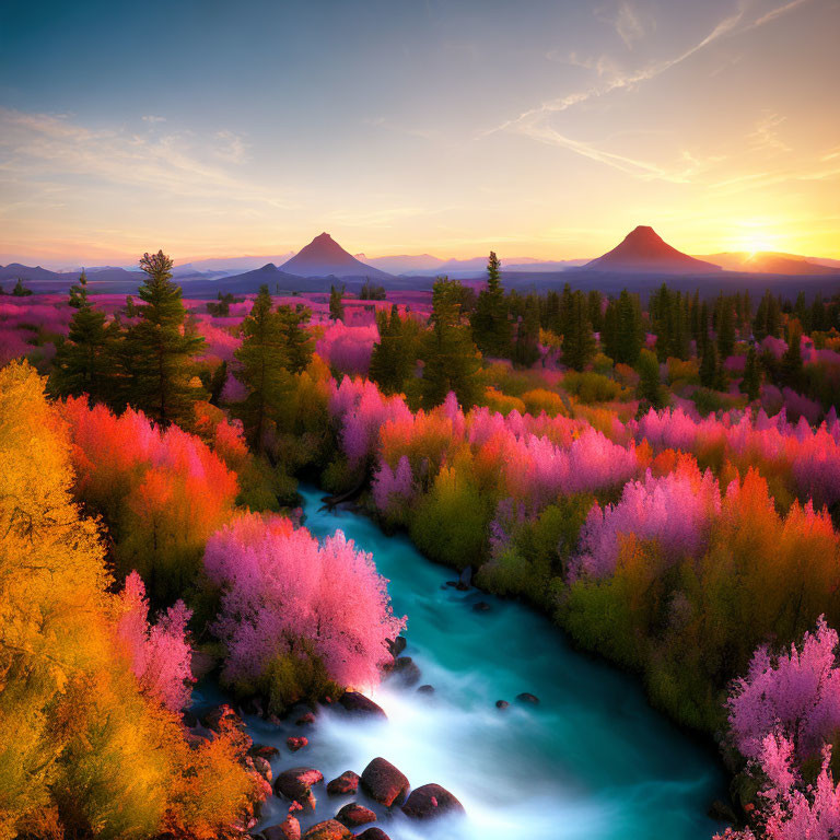 Vibrant autumn sunset over serene river with mountains in distance