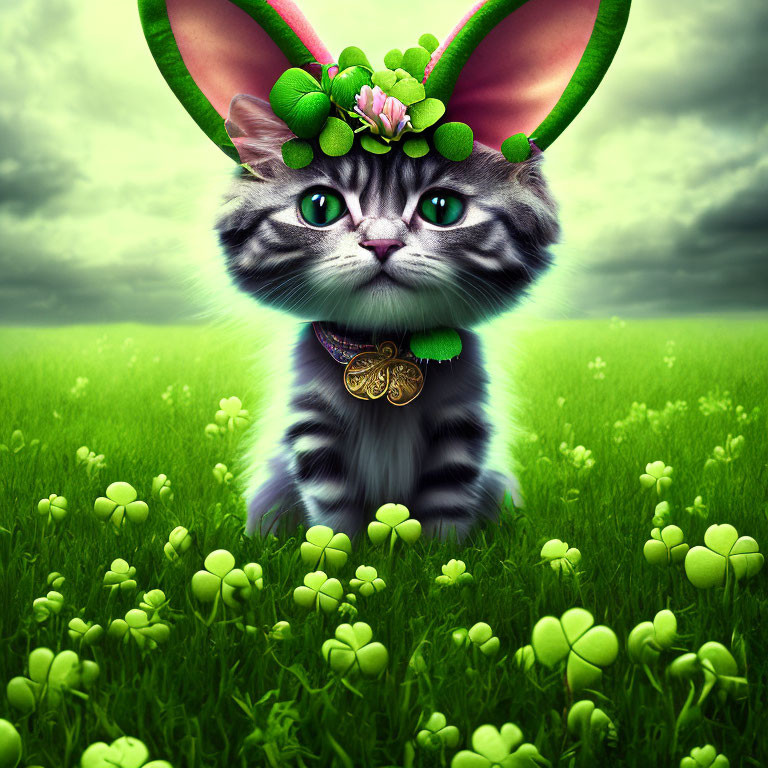 Photorealistic cat with bunny ears and floral crown in clover field under cloudy sky