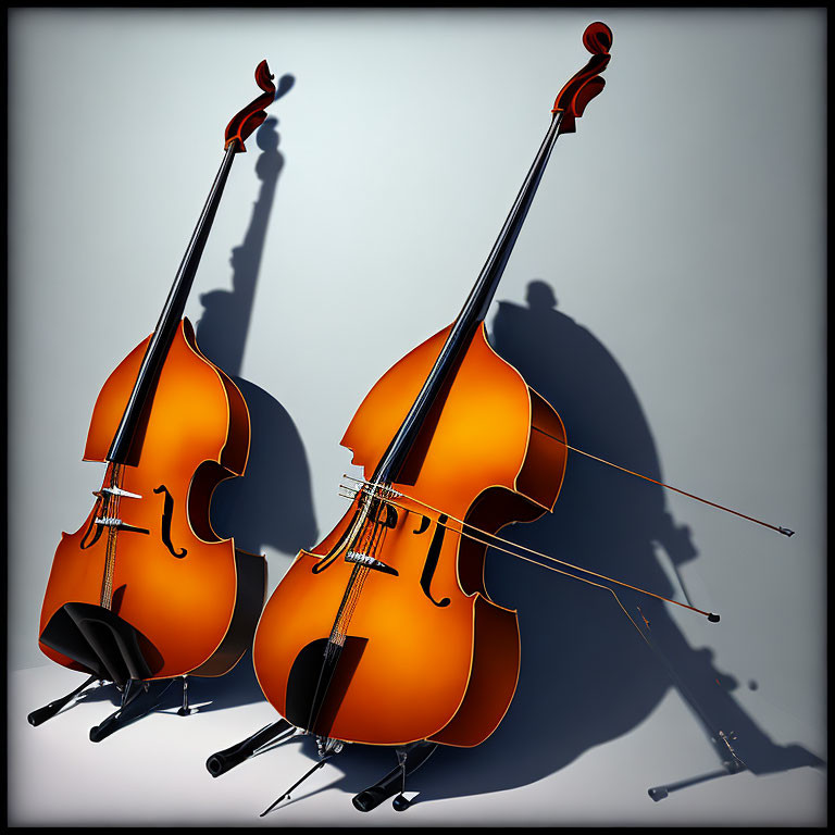 Two cellos leaning with bows, casting shadows on light background