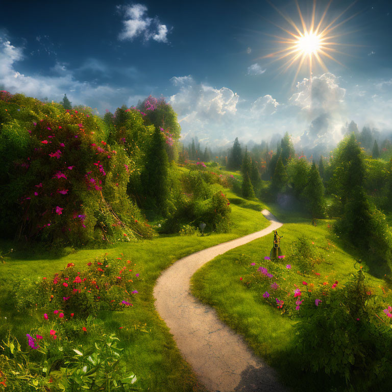 Scenic winding path through lush green landscape