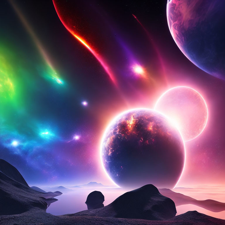 Colorful planets and nebulae in a cosmic sky above rocky terrain