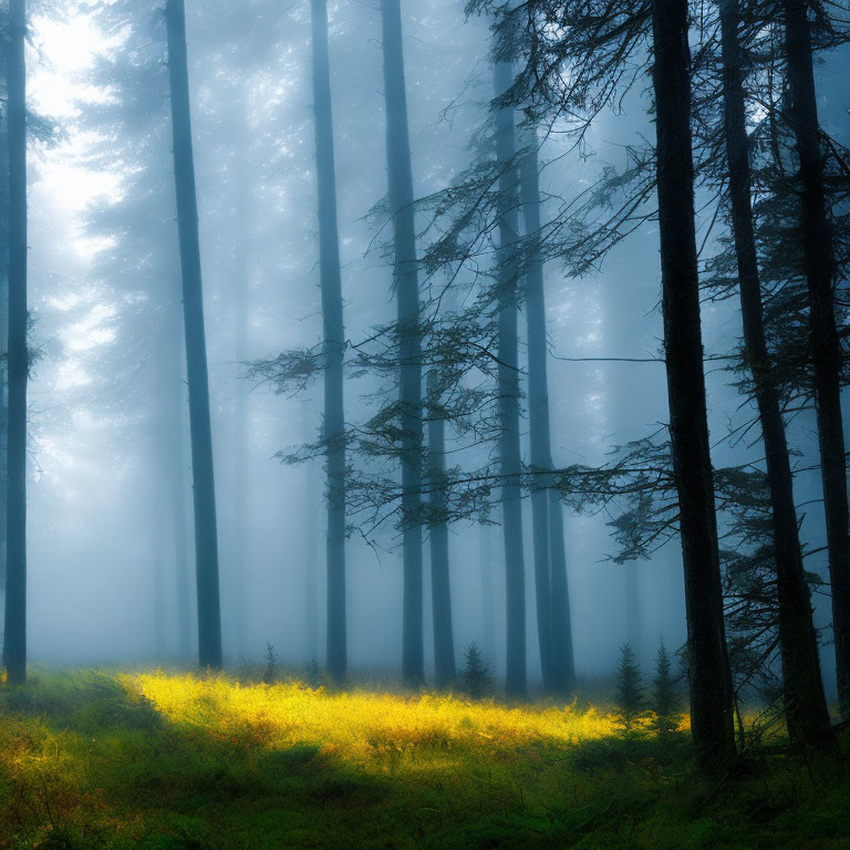 Mystical forest with tall trees and sunlit glade