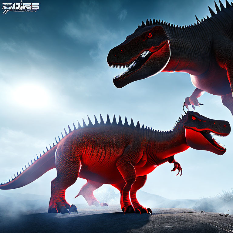 Two Red Dinosaurs with Prominent Back Spikes in Aggressive Postures