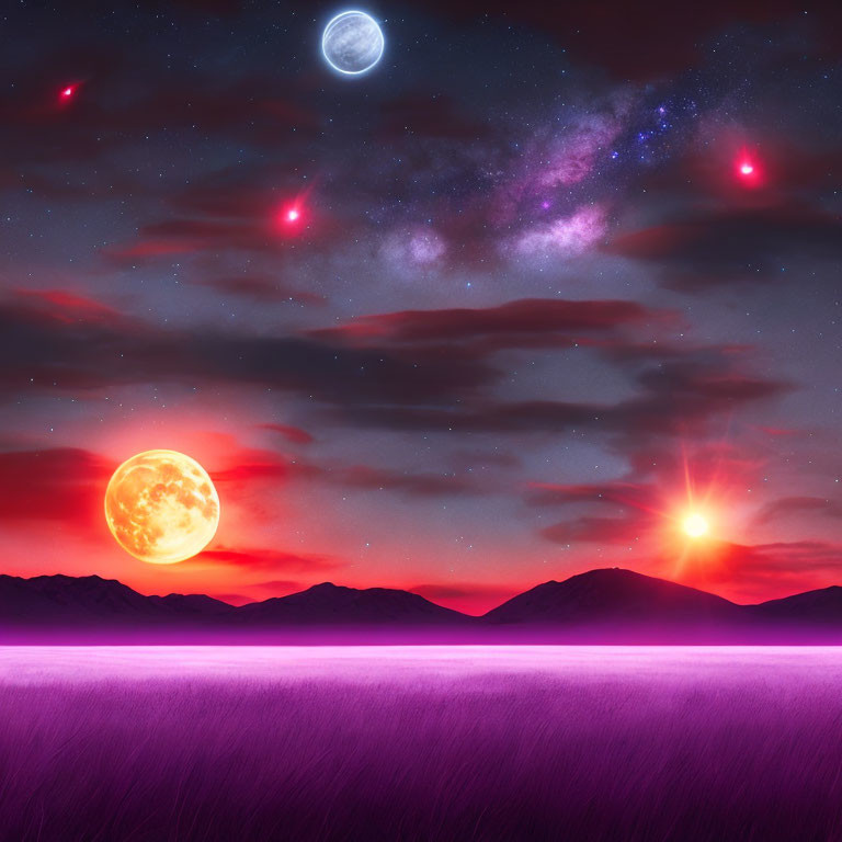 Luminous full moon and sun over purple fantasy landscape