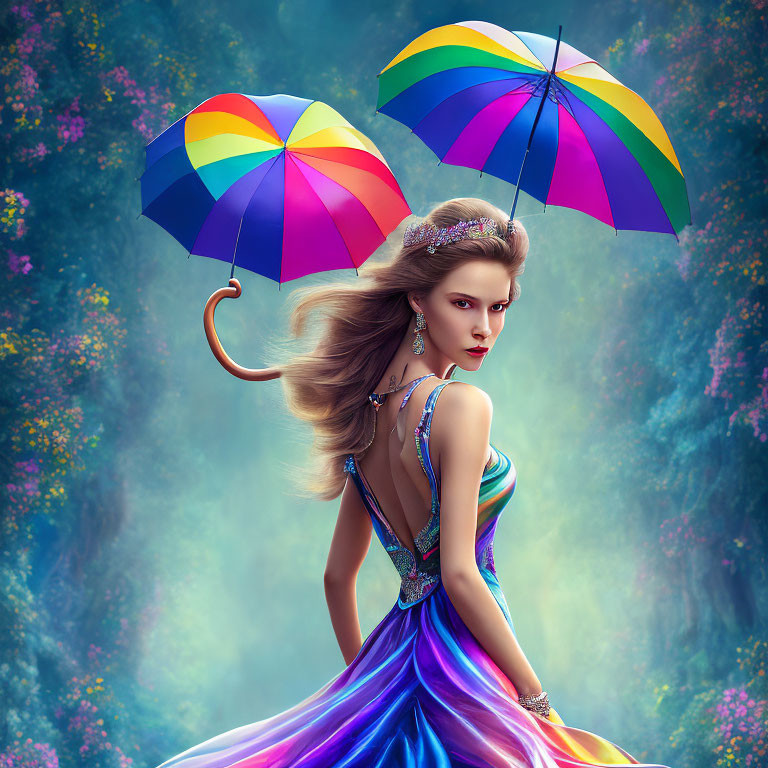 Woman in Colorful Dress with Rainbow Umbrellas in Mystical Forest