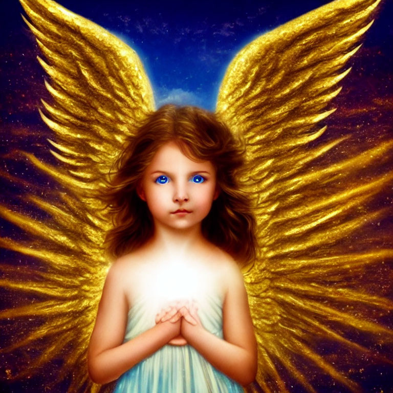 Young angelic figure with golden wings and blue eyes in prayer against starry backdrop