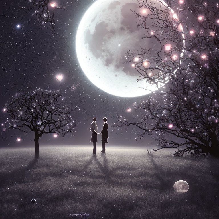 Romantic couple under full moon with pink blossoms and bubbles