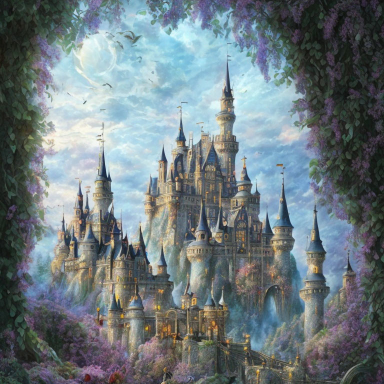 Castle surrounded by lush greenery and purple flowers under crescent moon and birds