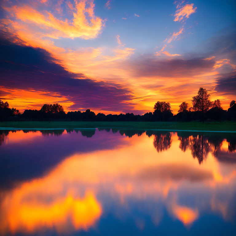 Scenic sunset with orange and blue skies reflected on calm lake