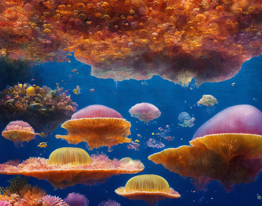 Colorful Jellyfish and Coral Reef in Underwater Scene