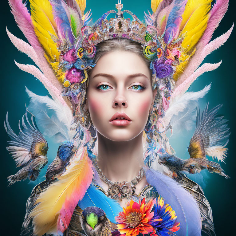 Colorful feather headdress woman with vibrant flowers and jewelry on teal background