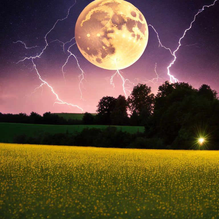 Surreal moonlit sky with lightning bolts over yellow flower field