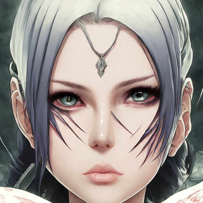 Illustrated female character with green eyes, pale skin, silver hair, jewel forehead piece, and facial