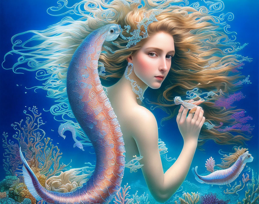 Ethereal mermaid with golden hair and blue tail in vibrant underwater scene