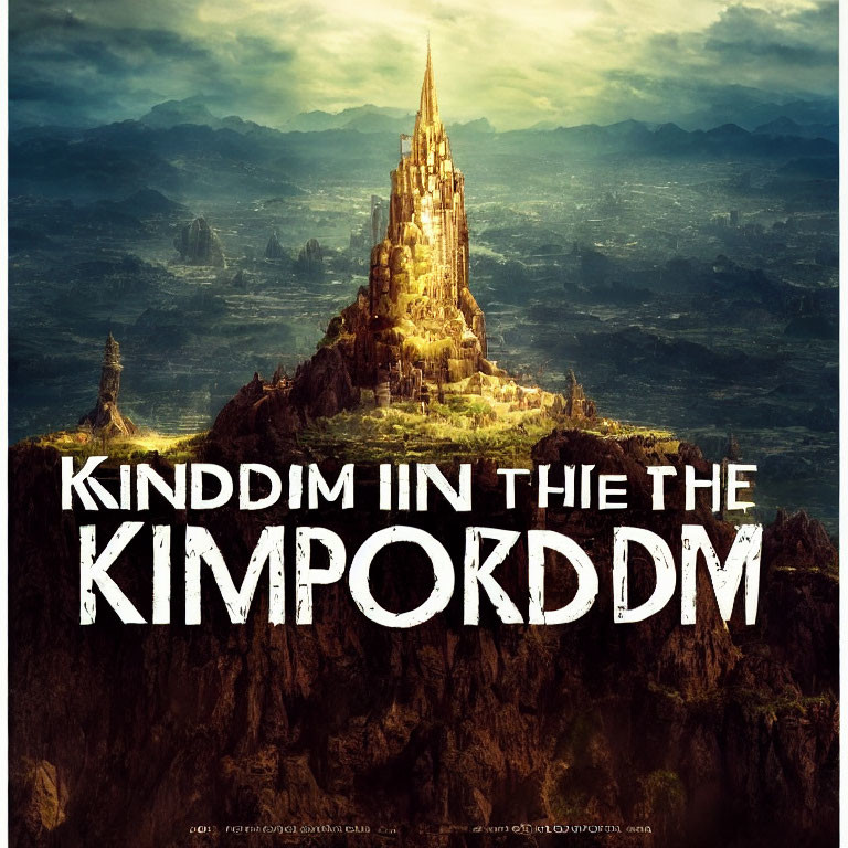 Golden castle on mountain with misty overlay text "Kinddim in Thie the Kimportdm