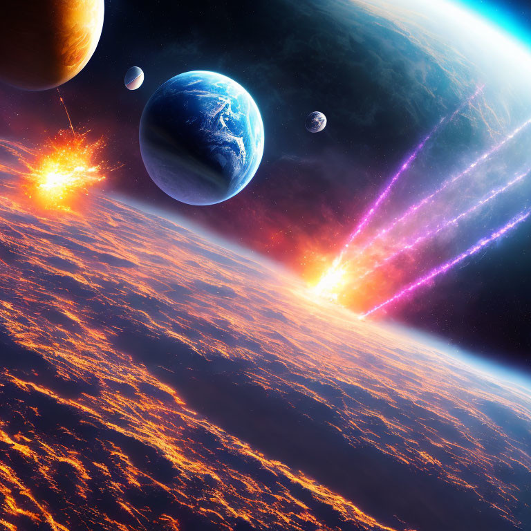 Colorful Space Scene with Earth and Celestial Bodies in Stellar Backdrop