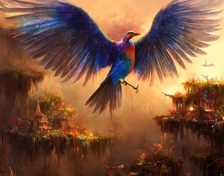 Colorful oversized bird soaring over mystical village with floating islands.