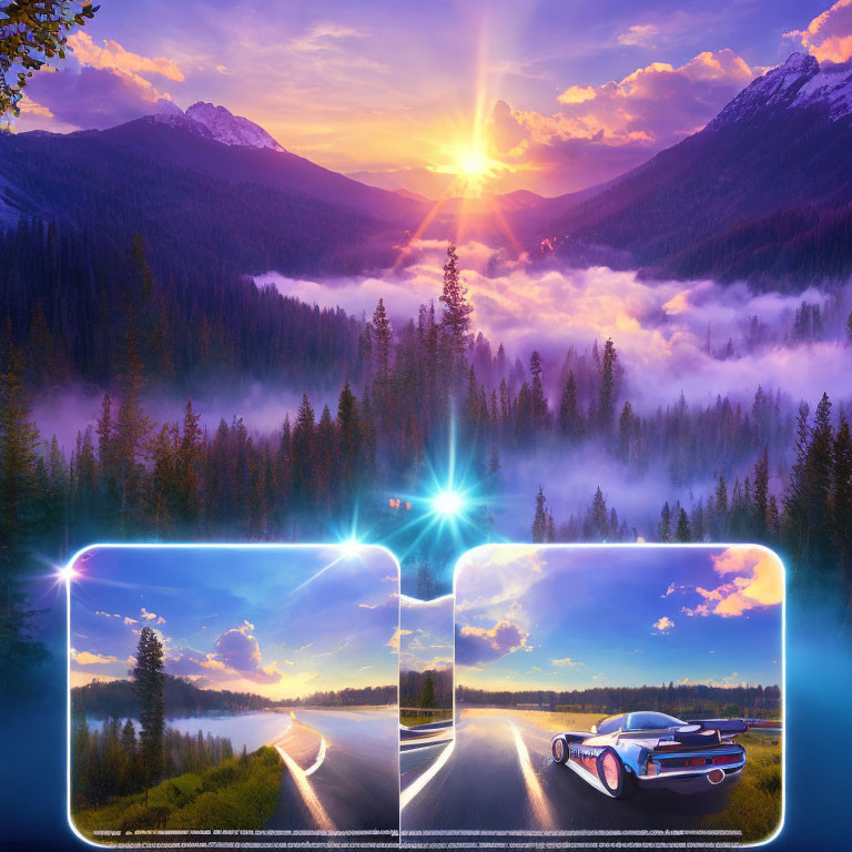 Composite Image of Mountain Sunrise, Misty Forests, and Car on Road