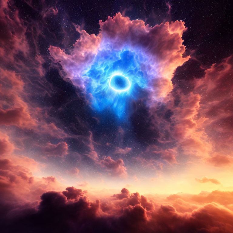 Cosmic scene with black hole, nebulous clouds, stars, orange and purple sky